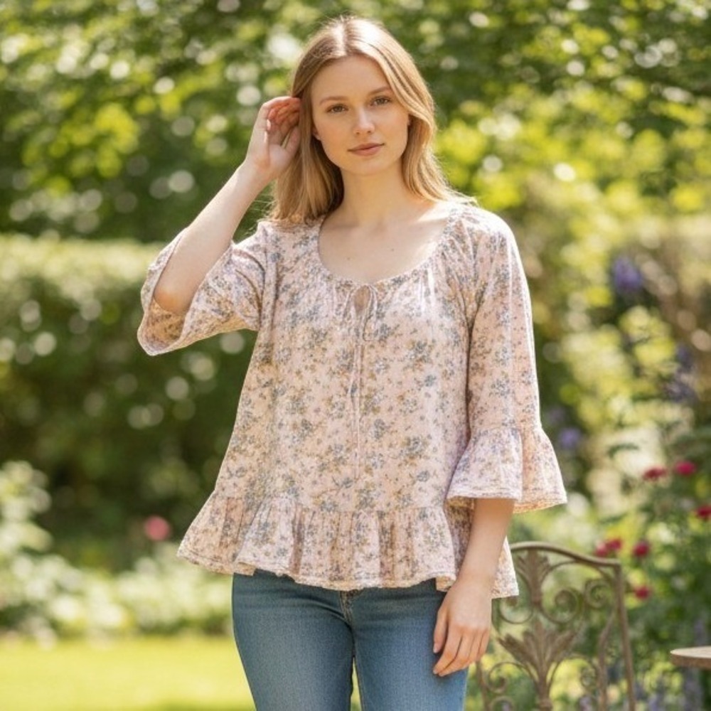 Paper Lace Women Tunic Top 3X Pink Cotton Floral Ruffle Bell Sleeve Boho Cottage